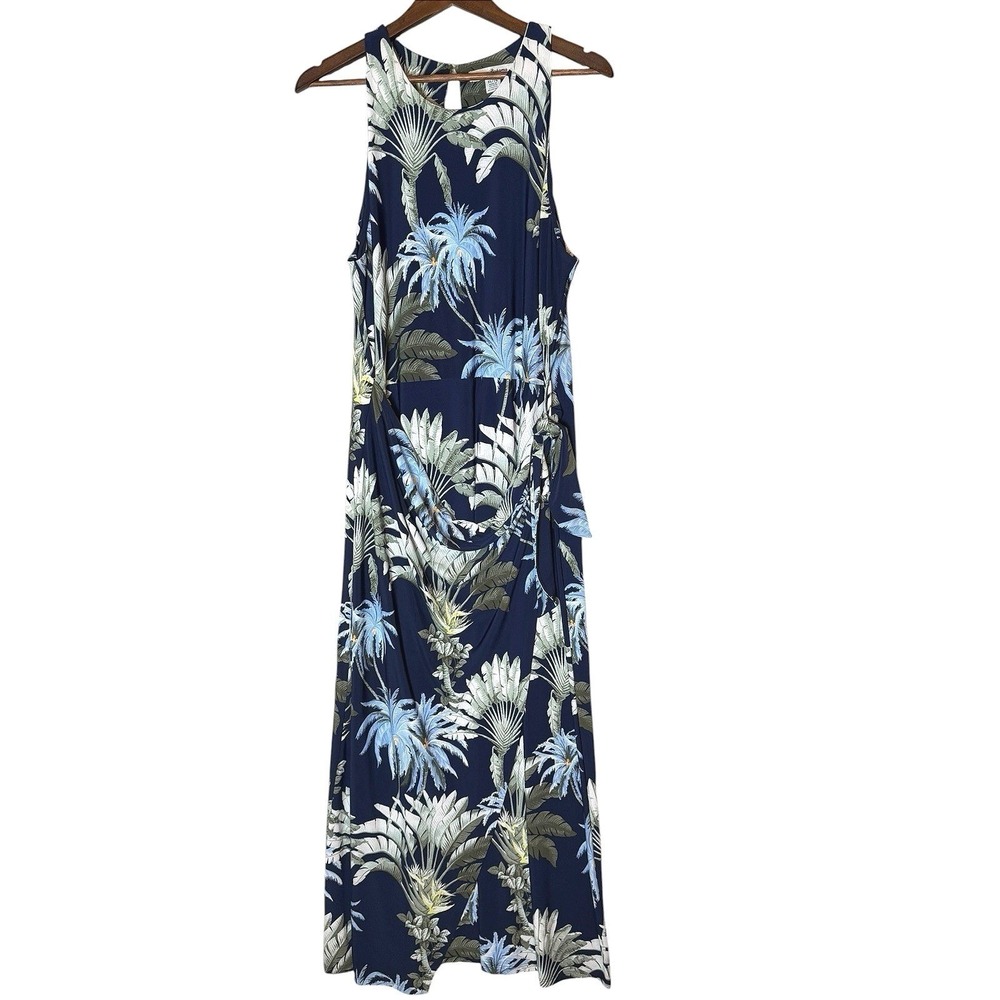 Tommy Bahama XL Tropical Palm Print Faux Wrap Maxi Dress Navy Blue Sleeveless - Picture 4 of 11